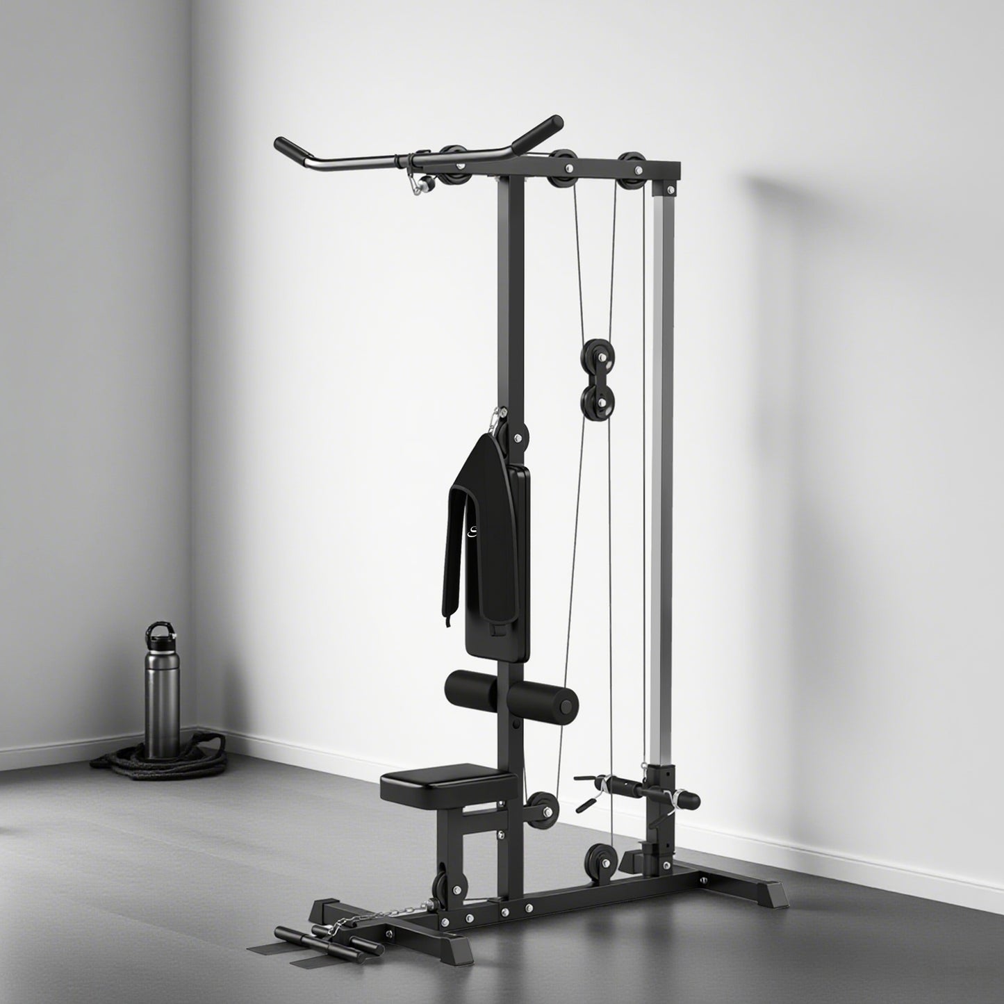Lat Pull Down Machine, High / Low Pulley Machine with Adjustable Seat and Flip-Up Footplate, Black