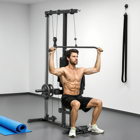 Lat Pull Down Machine, High / Low Pulley Machine with Adjustable Seat and Flip-Up Footplate, Black