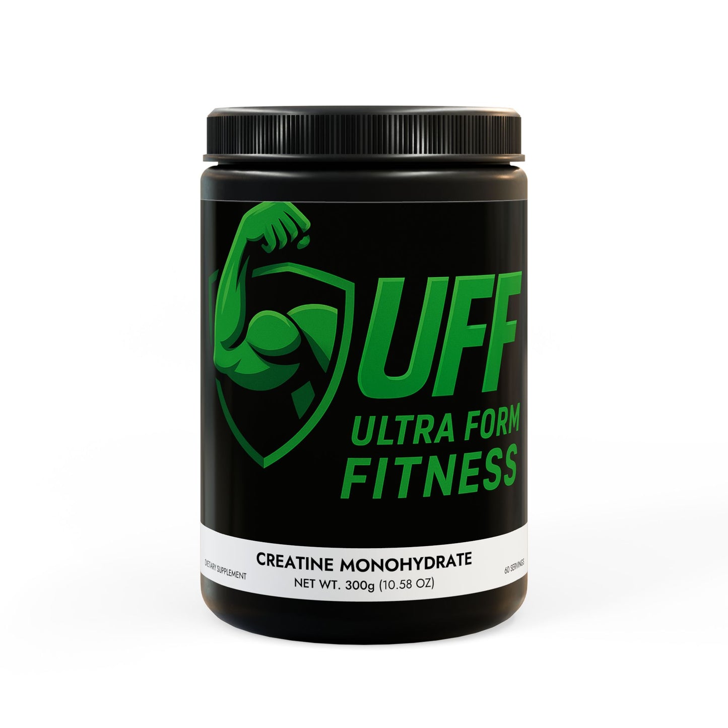 Black container of Ultra Form Fitness Creatine Monohydrate on a white background